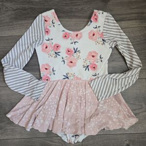 Cheeky Plum Farrah Floral Stripe Pink Long Sleeve Leotard Dress Girls 6Y